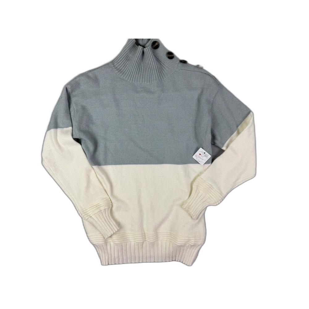 Poof Apparel Size L Womens Sweater Mock Neck Grey White Button Shoulder Ribbed